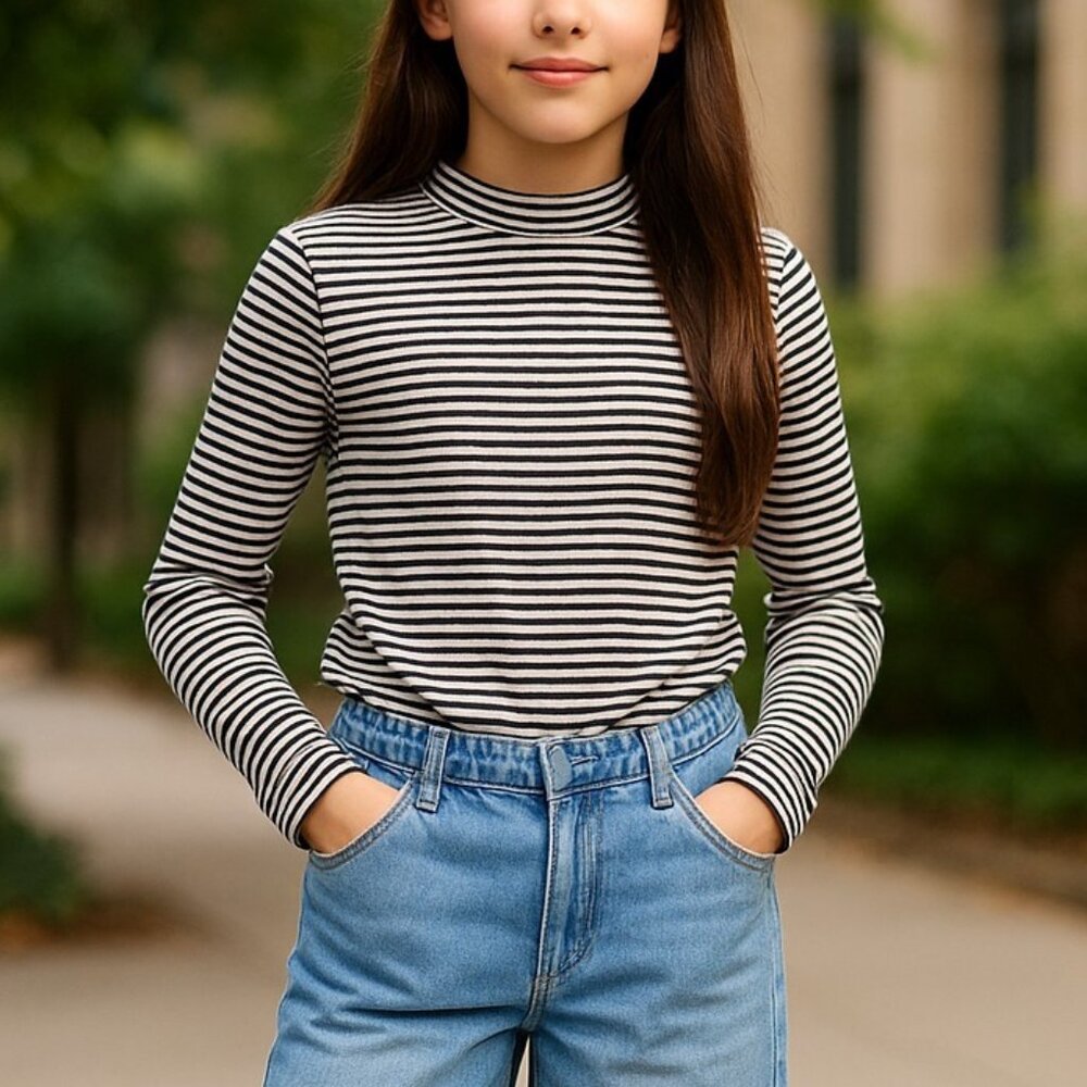 ZARA GIRLS Mock Neck Striped Long Sleeve Shirt 13 14 Ribbed Top Tee Stretchy - Picture 1 of 13